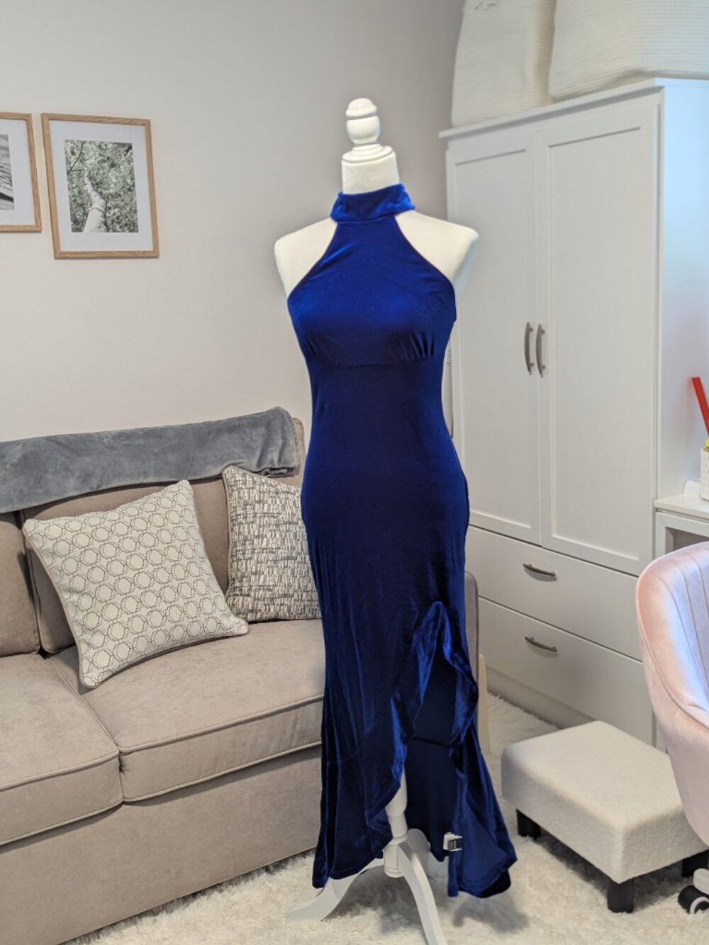 Royal Blue Velvet Halter Evening Gown Size 8